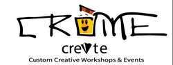 Logo for CROMEcreate with a smiling yellow number 2 pencil as the "O" in CROME, but reversed as an A for ART specifically for the artistic workshops sector of the business, and text about custom creative workshops and events.